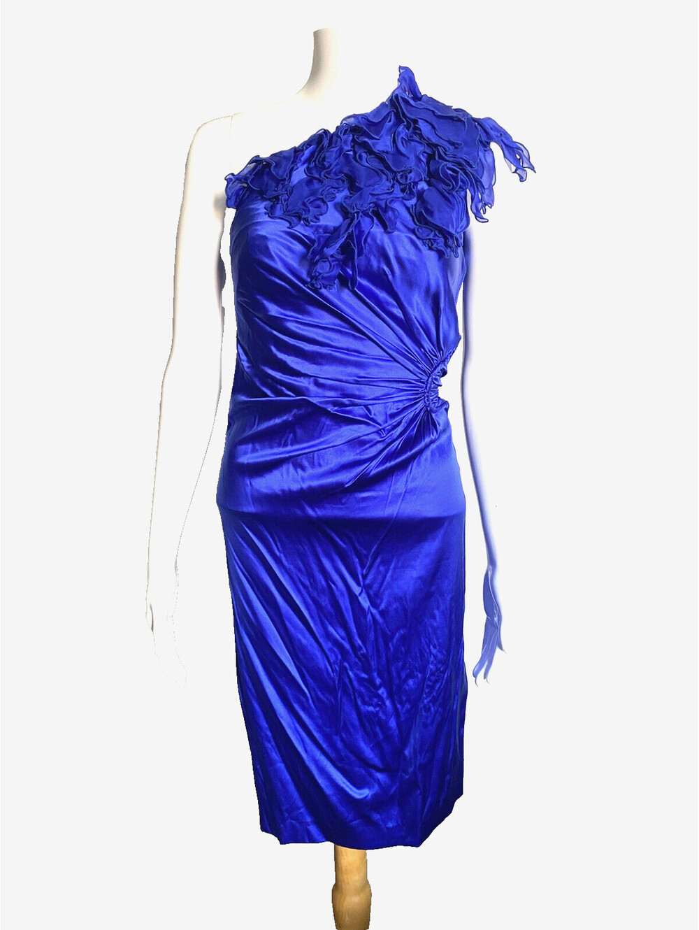 Roberto Cavalli IT-38 Sleek One Shoulder Evening Silk Blue Dress Gown US-2